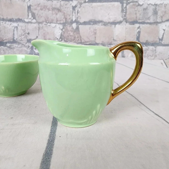 Vintage 1940s Biltons Open  Sugar and Creamer Set England Pistachio Green Gold - Picture 8 of 16